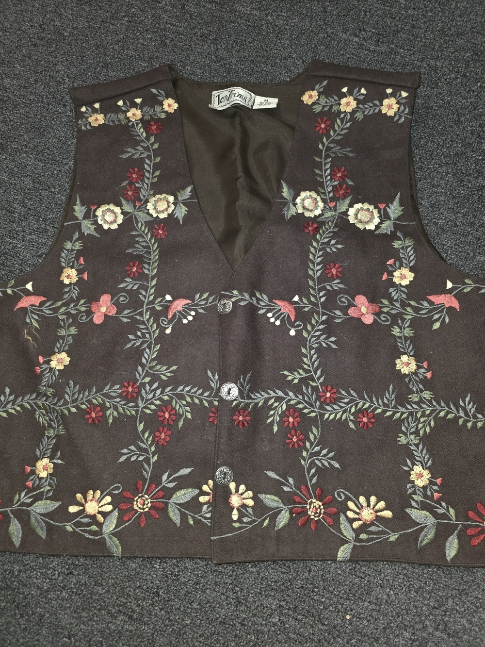 Vintage TanTrums Brown Floral Embroidered V-Neck Vest Boho Western Grandma Style